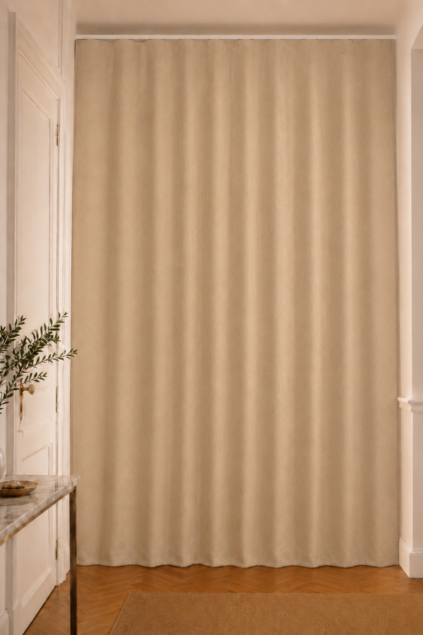 Thermovorhang NOKOMIS beige, vor einem Fenster aufgestellt, von der Decke bis zum Boden