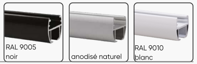 Coloris du rail 4400RM : noir RAL 9005, anodisé naturel, blanc RAL 9010