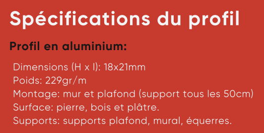 Spécifications du profil aluminium du rail 4400RM : 18 x 21 mm, 229 g/m, montage mur et plafond