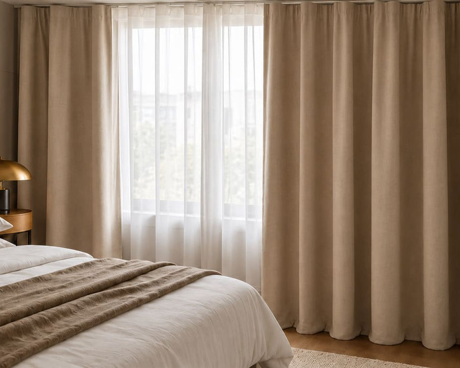 Rideau phonique Performance PLUS natté beige Nokomis de part et d’autre d’une fenêtre dans une chambre